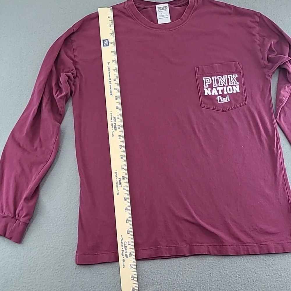 PINK Victoria's Secret Long Sleeve Pink Nation Maroon Tee Shirt - Size Small - Picture 8 of 11